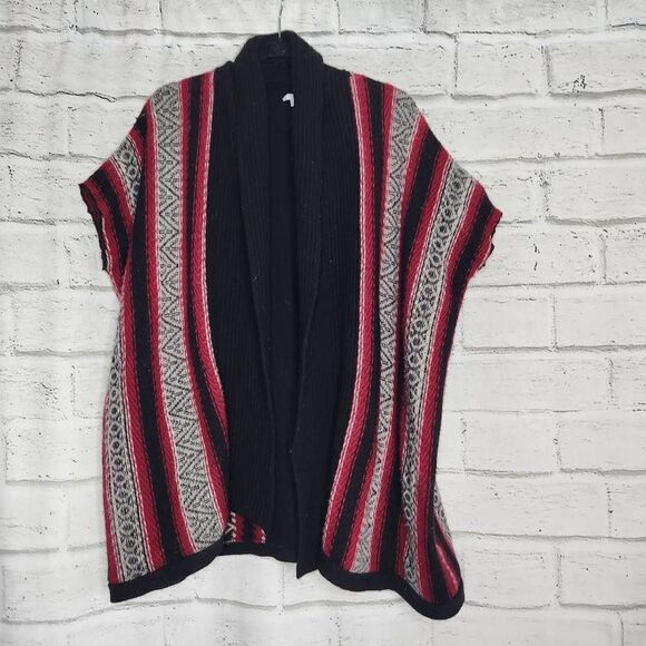 J Jill Women Fair Isle Black Red Open Front Shawl Cardigan M L Poncho Wool - Picture 1 of 13